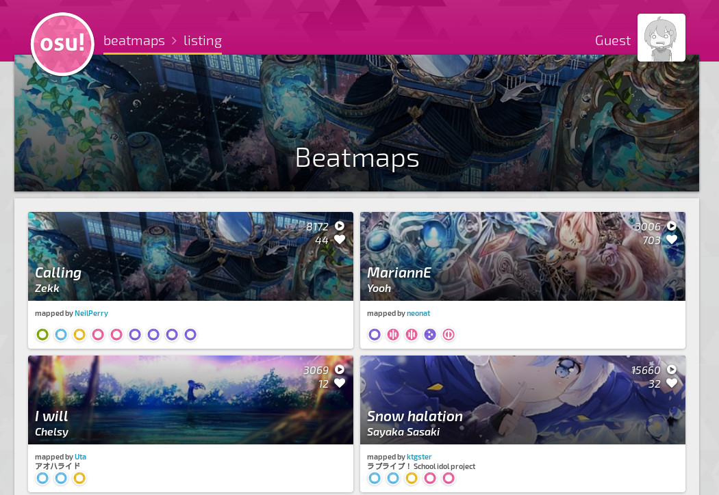 Page de téléchargement des beatmaps