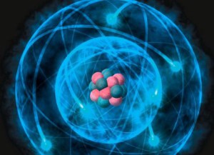 lproton en rouge, neutron en bleu, le tout entouré d’électrons