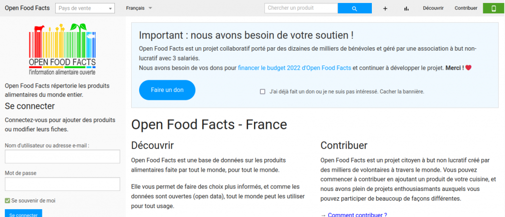 Page d'accueil du site internet Open Food Facts.