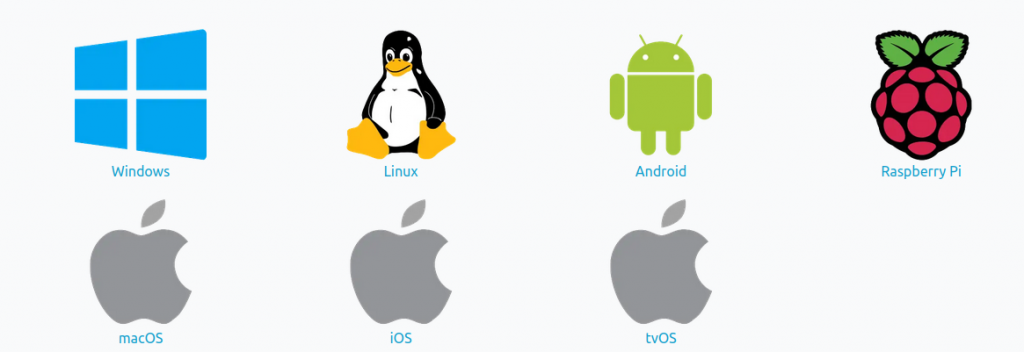 Logos des systèmes d'exploitations : Windows, Linux, Android, Raspberry Pi, macOS, iOS, tvOS.