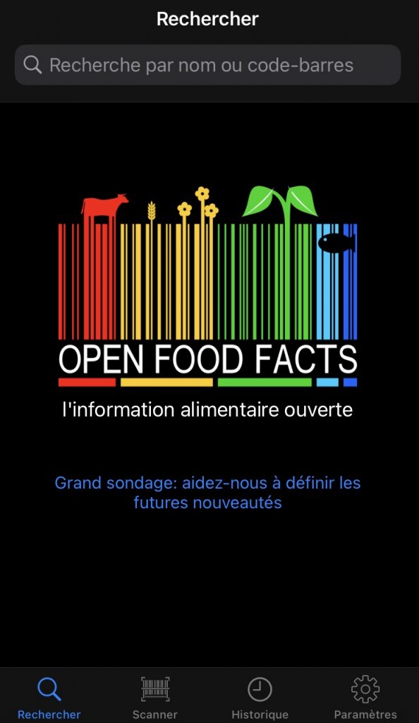 Écran d'accueil de l'application Open Food Facts sur smartphone.